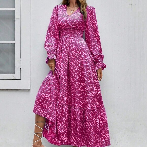 Pink Boho Womens Ditsy Floral Print Flounce Sleeve Shirred Dress - Picture 5 of 5